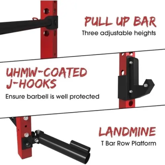 ER Kang 2" x 2" Folding Squat Rack Wall Mounted, Power Rack with Pull Up Bar, J Hooks, Landmine, Space-Saving Home Gym 1000 LBS Capacity, Red image {6}