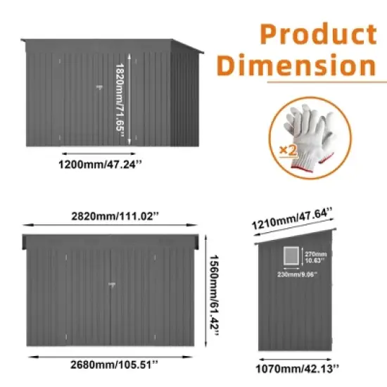 ORRD 4x9FT Outdoor Metal Storage Shed Sloping Roof, 6 Vents & 2 Swing Doors For Backyard/Garden/Garage/Lawn (Gray) image {7}