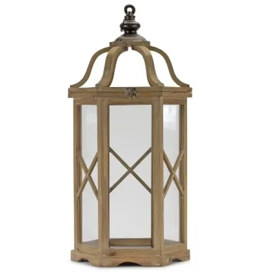 HomeRoots Set of Two Natural And Brown Distressed Geometric Wood And Metal Floor Lantern Candle Holders image {4}