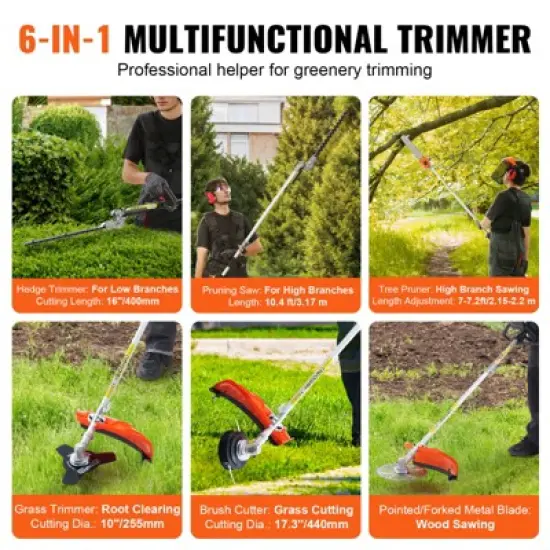 VEVOR 26CC 5-in-1 Multi-Functional Trimming Tools, Gas Hedge Trimmer, Weed Eater, String Trimmer, Edger, Pole Saw Chainsaw Pruner, Orange image {4}