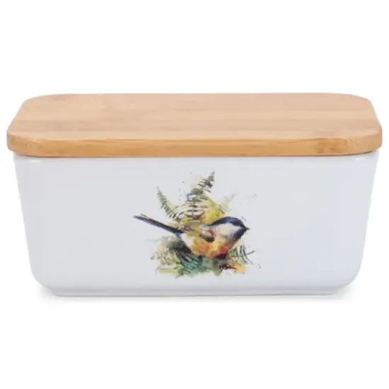 Nat & Jules Dean Crouser Chickadee Watercolor White 6.5 x 4 Ceramic and Bamboo Butter Dish image {5}