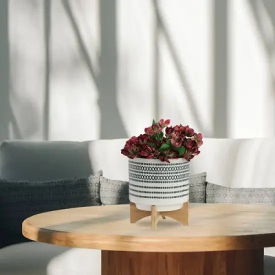 Sagebrook Home 10" Wide Patterned Ceramic Planter Pot with Wood Stand Blue image {7}