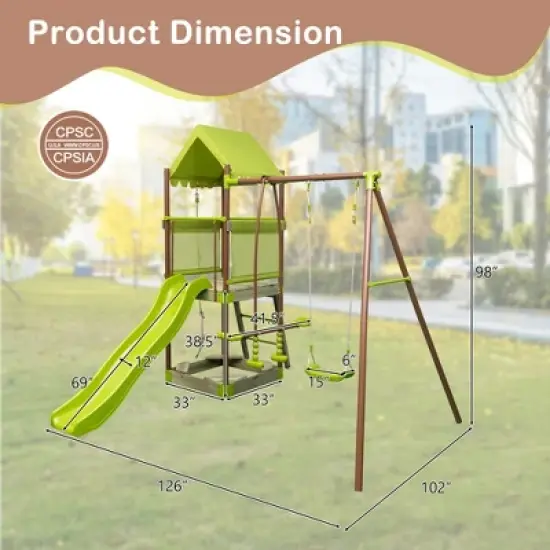 Costway 7-in-1 Swing Set with Covered Fort Height Adjustable Swing Climbing Rope Sandbox image {2}