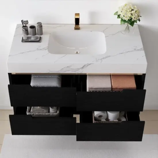 40" Wall-Mounted Bathroom Vanity with Oval Ceramic Sink, Floating Cabinet with Moisture-Resistant Countertop, Soft-Close Storage image {3}