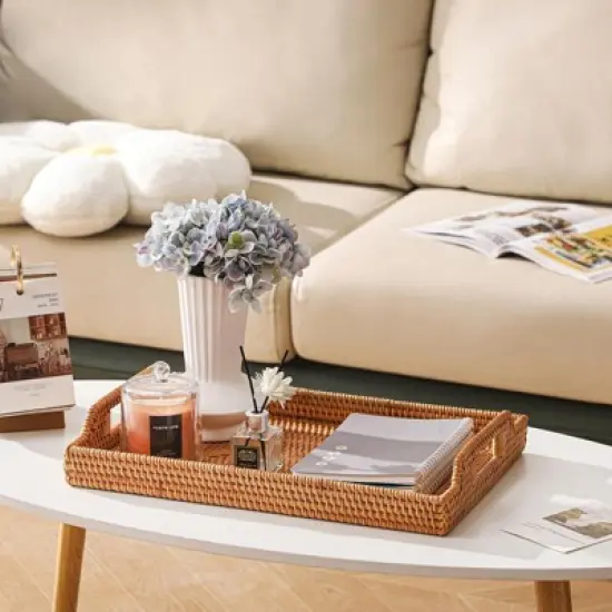 BRINJOY 17" Rectangular Woven Tray - Bohemian Handwoven Rattan Coffee Table Tray with Handles image {2}