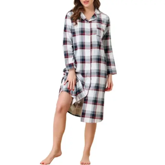 cheibear Womens Button Down Plaid Heart Printed Shirtdress Sleepshirt Loungewear Pajama Shirt Dress image {5}