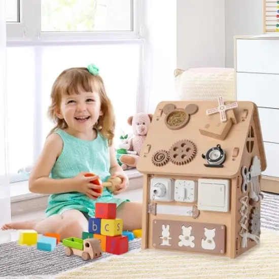 Costway Wooden Busy House Montessori Toy with Sensory Games & Interior Storage Space image {2}
