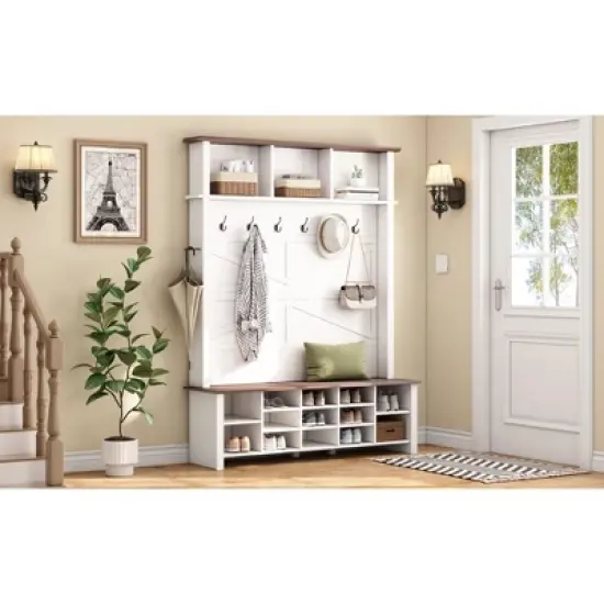 TiramisuBest Farmhouse Hall Tree with Bench, 6 Hooks, Adjustable Shelves & 16 Open Compartments - Entryway Organizer for Mudroom/Living Room (White) image {11}