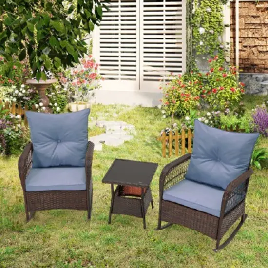 EROMMY 3 pcs Rocking Bistro Set,Outdoor PE Rattan Rocking Chairs with Tempered Glass Coffee Table,Patio Rattan Rocker Set for Porch and Garden image {2}