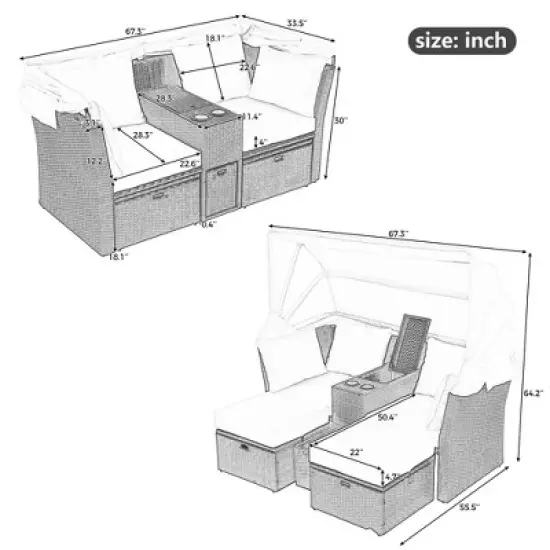 KWPZQEB Patio Outdoor Loveseat Sofa, 2-Seater Sofa with Foldable Awning and 4 Pillows, Sunbed Double Chaise Lounge for Garden, Balcony, Poolside, Gray image {5}