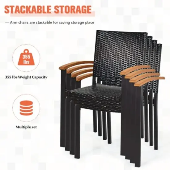 Tangkula Patio Rattan Dining Armchair 2 Set of Wicker Chair W/Steel Frame Acacia Armrests Indoor & Outdoor image {7}