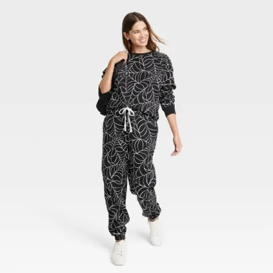 Women's Halloween Spider Web Graphic Jogger Pants - Black image {2}