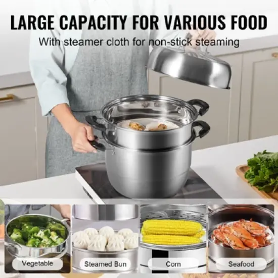 VEVOR Steamer Pot 11in/28cm, 3 Tier Steamer Pot for Cooking with 8.5QT Stock Pot, Vegetable Steamer & 2 Steaming Tray image {3}