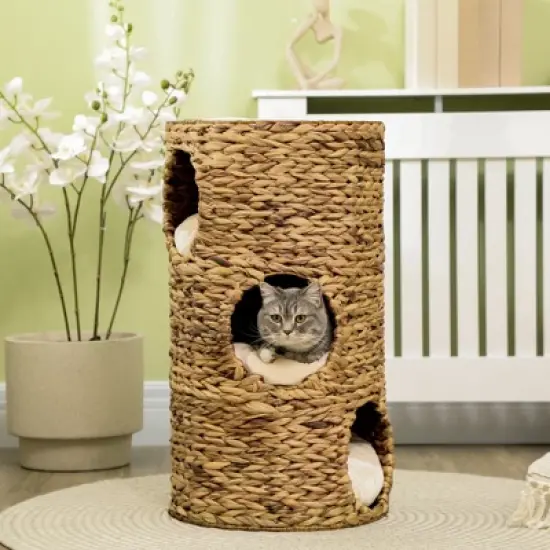 YOOCOZZ PawHut Multi-Level Elevated Cat Tower with Three Hideaways & Four Soft Plush Cushions, Hand-Woven Material-Brown image {7}
