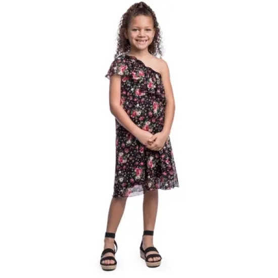 24seven Comfort Apparel Girls Black Floral One Shoulder Ruffle Knee Length Dress image {1}