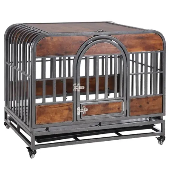 GustoWave 46'' Heavy Duty Metal Dog Crate , Dog Crates for Large Dogs with Wheels, Metal Cage, Wood Kennel Dog Crate with Removable Tray image {2}