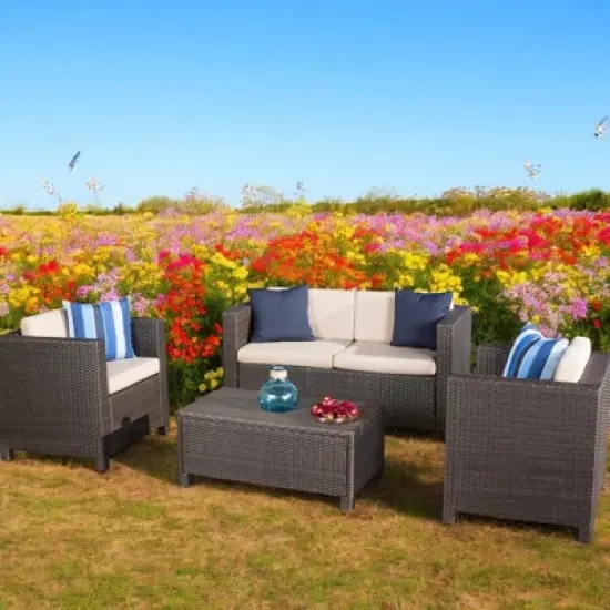 4-Piece Outdoor Sofa Set with Cushions, PE Wicker Rattan Seating Group with Loveseat, Club Chairs, and Coffee Table for Backyard, Patio, or Garden image {17}