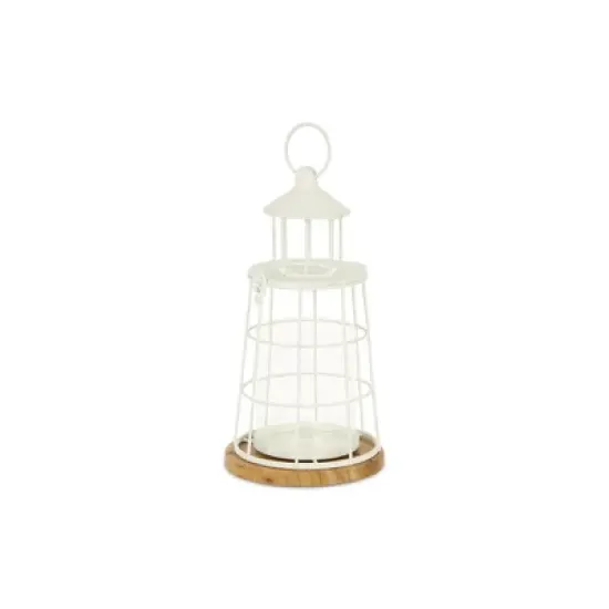 HomeRoots 12" White And Natural Metal And Wood Lighthouse Tabletop Lantern Candle Holder image {3}