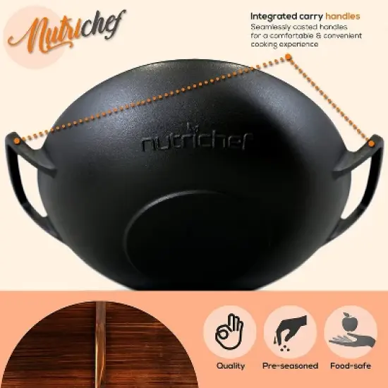 NutriChef Pre Seasoned Nonstick Cooking Wok Cast Iron Kitchen Stir Fry Pan w/ Wooden Lid for Gas, Electric, Ceramic, & Induction Countertops (2 Pack) image {4}