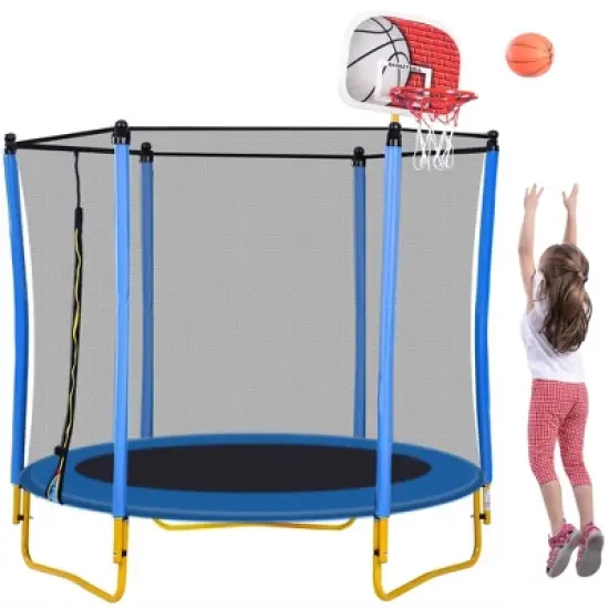 Whisen 65" Toddler Trampoline, Indoor & Outdoor Use, Enclosure, Basketball Hoop & Included Ball image {9}