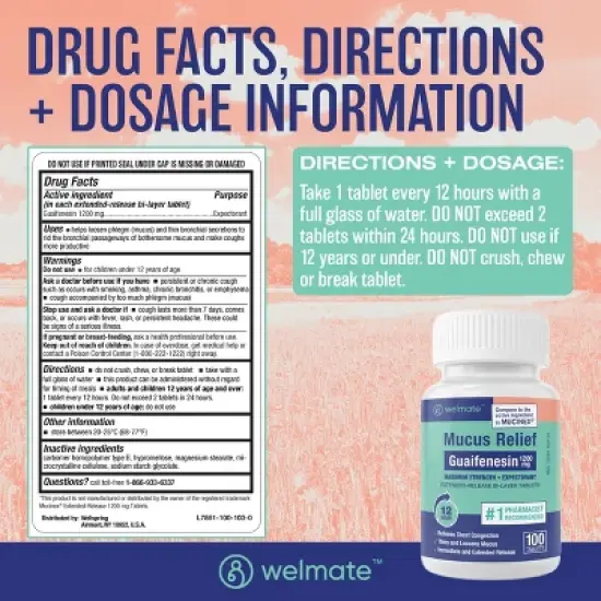 WELMATE 12 Hour Max Strength Mucus Relief   - Guaifenesin 1200mg  100ct image {4}