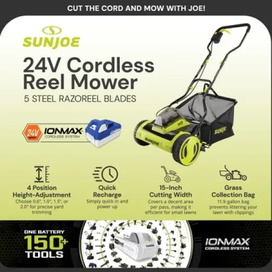 Sun Joe Cordless Push Reel Lawn Mower, 15&rdquo; Yard Trimmer w/ 11.9-Gal Bag, 24V, Black/Green - Heavy-Duty Gardening Machine and Equipment for Grass, image {2}