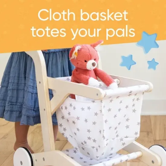 Hearthsong Wooden Shopping Cart for Pretend Play with Natural Finish, Real Rolling Wheel and Removable Cloth Basket image {4}