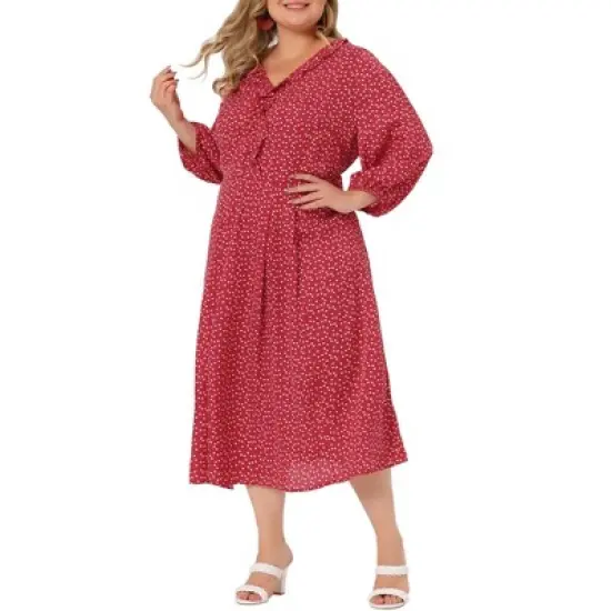 Agnes Orinda Women's Plus Size Casual Long Sleeve Sweetheart Print Midi Ruffle Dress image {1}