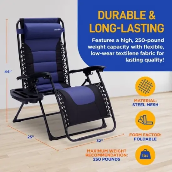 SereneLife Foldable Outdoor Zero Gravity Padded Lawn Chair, Adjustable Steel Mesh Recliners, w/ Removable Pillows Blue and Black image {1}