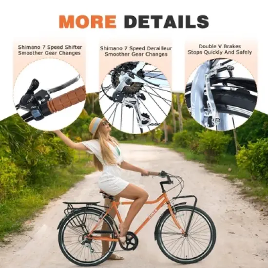 NAYSAYE Bicycle Retro Commute Bike 7 Speed Steel Frame Adult Bike for Daily Riding, Orange, 66.93"*22.05"*37.8" image {1}