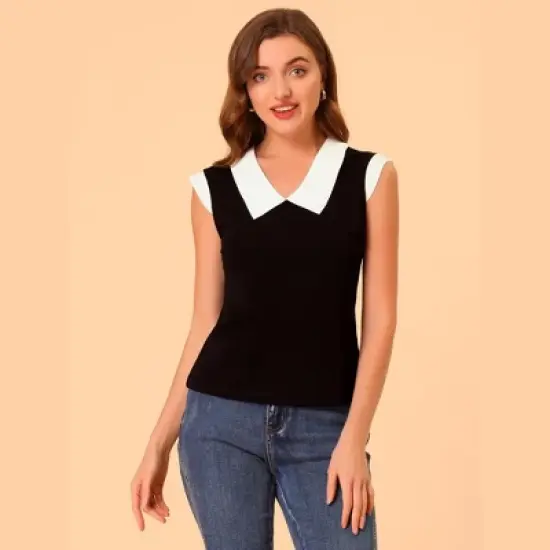 Allegra K Women's Contrast Flat Collar Stretchy Cap Sleeve Casual Blouse image {2}