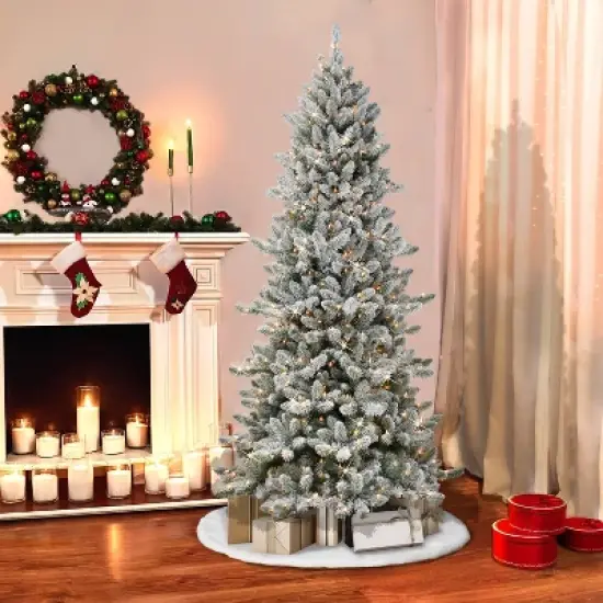 7.5ft Puleo Pre-Lit Flocked Slim Royal Majestic Spruce Artificial Christmas Tree Clear Lights: Hinged, Flame-Retardant, Indoor Use image {1}