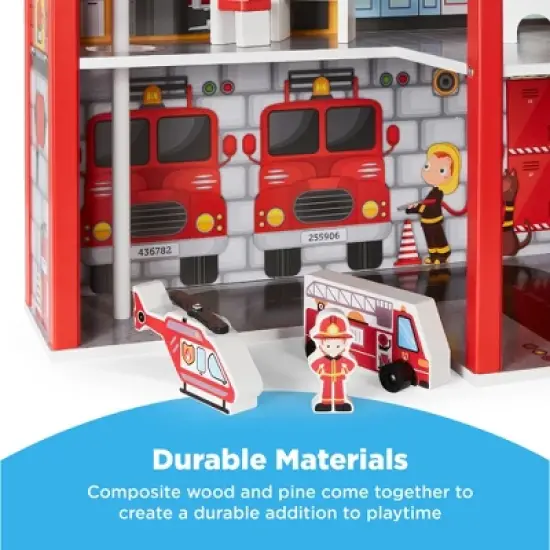 Best Choice Products 32in Kids 3-Story Pretend Wooden Fire Station Play Set Toy, w/ 2 Vehicles, 12 Accessories, 5 Rooms image {3}