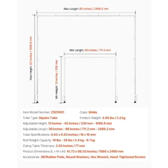 VEVOR Over The Table Rod Stand with Clamps, 13"-42'' Tall & 28"-98" Length Adjustable, Metal Table Arch Stand, Tabletop Balloon Arch Frame, White image {7}