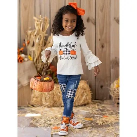 Girls Thankful, Grateful, & Blessed Sequin Patched Jeans Set - Mia Belle Girls image {6}