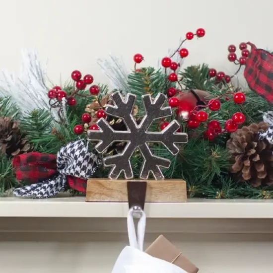 Northlight 6" Silver Snowflake on Wood Look Base Christmas Stocking Holder image {1}