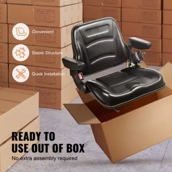 VEVOR Universal Forklift Seat, Fold Down Tractor Seat with Adjustable Angle Back, Micro Switch, Seatbelt and Armrests, Black image {6}
