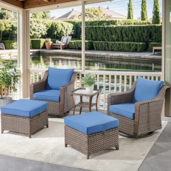 5 Pieces Patio Furniture Set, Wicker Rattan Outdoor Conversation Set with Patio Swivel Chairs, Ottoman and Side Table, Patio Set for Balcony image {12}