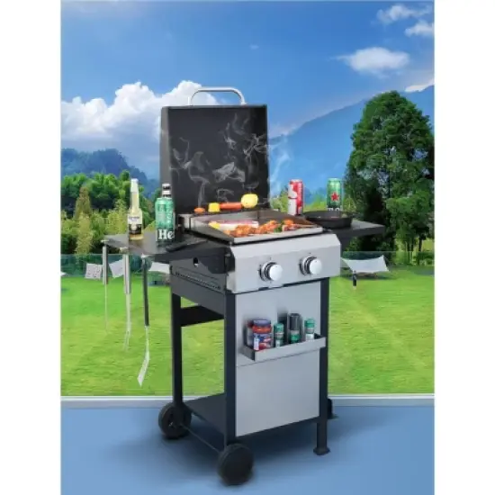 2-Burner Propane Gas Grill with Side Table,24,600 BTU Stainless Steel BBQ Grill with Enamel Cooking Grids,Outdoor Gas Barbecue Grill-Coolbibila image {6}