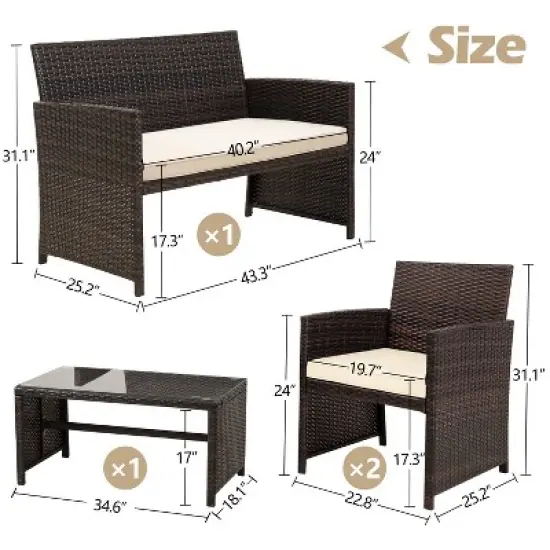 FIONECA Deluxe 4-Piece Patio Furniture Set &uml;C Brown Rattan Outdoor Conversation Set with Beige Cushions & Table image {2}