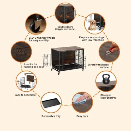 Wooden Dog Crate Furniture with Wheels and Double Door &ndash; Modern Pet House, Removable Tray, Stylish End Table for Living Room, Bedroom, and Outdoors image {5}
