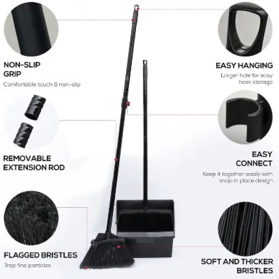 Bison Life 48.5" Dustpan and Broom Set for Home, Office, and Outdoor Use - Black- 1 Set image {4}