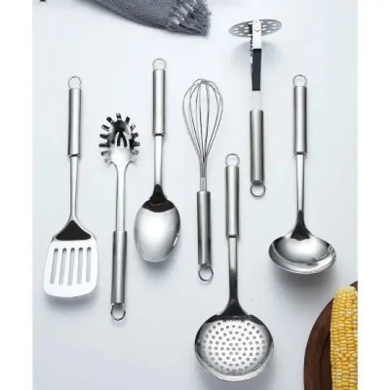Itopfox 8-Piece Stainless Steel Kitchen Utensil Set with Stand, Includes Ladle, Skimmer, Slotted Turner, Pasta Server, Serving Spoon, Potato Masher image {6}