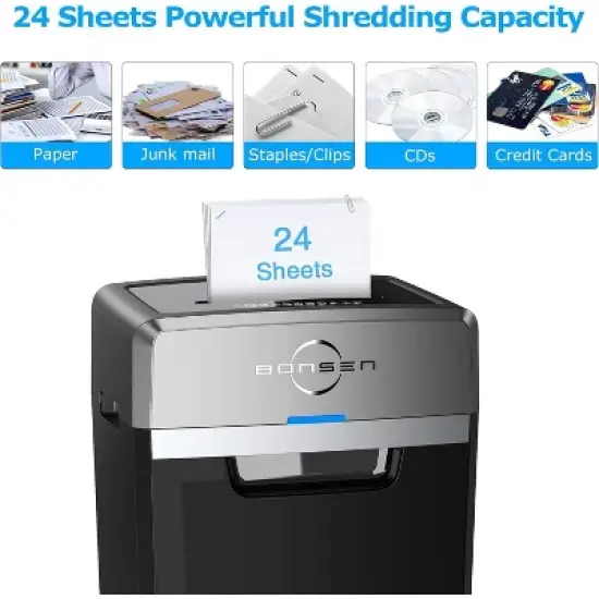 BONSEN Heavy Duty 24-Sheet Cross-Cut Shredder, 40-min runtime, 9-gallon bin, 55dB quiet, P-4 high security, commercial-grade for office use image {1}