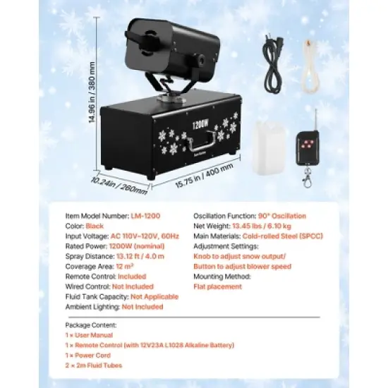 VEVOR Snow Machine, 1200W 90&deg; Shaking Head Snow Maker with Wireless Remote Control, High Output Snowmaking Machine Coverage up to 12 ㎡, Black image {7}