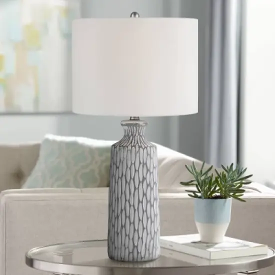 360 Lighting Patrick Modern Coastal Table Lamp 26 1/4" High Gray White Wash Geometric Ceramic Drum Fabric Shade for Bedroom Living Room Bedside Office image {1}
