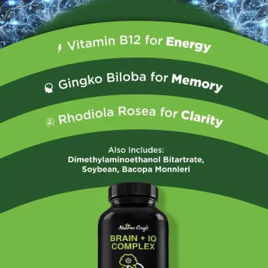 Nootropic Memory Supplement for Brain Support + IQ, Memory Pills for Brain Boost & Natural Energy Booster Vitamin B12 Supplement, Nature's Craft, 30ct image {3}