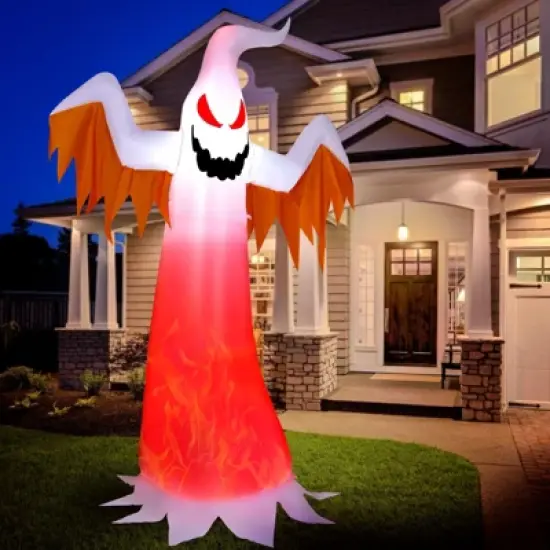 Tangkula 8 FT Halloween Inflatable White Ghost with Rotatable Flame LED Lights&Air blower Blow Up Halloween Decoration image {1}