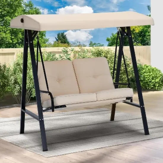 COWLOWN Beige Outdoor 2 Seat Swing Chair with Adjustable Canopy and Removable Cushion, Suitable for Backyard, Garden, Yard, Poolside, Balcony image {8}