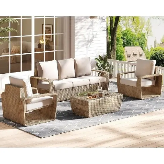 AMERLIFE 3-Piece Outdoor Patio Furniture Set, 82" Rattan Sofa & 2 Wicker Chairs image {8}